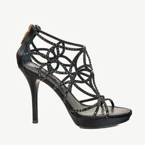 Louis Vuitton Tisha Crystal Studded Black Satin Cage Strap Heel Platform Sandal